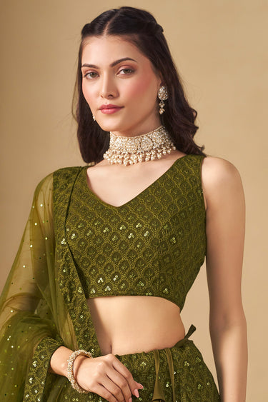Sequins Work Lehenga In Green Georgette Fabric With Blouse