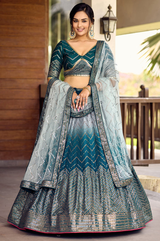 Trendy Blue Chinon Fabric Sequins Work Lehenga For Sangeet