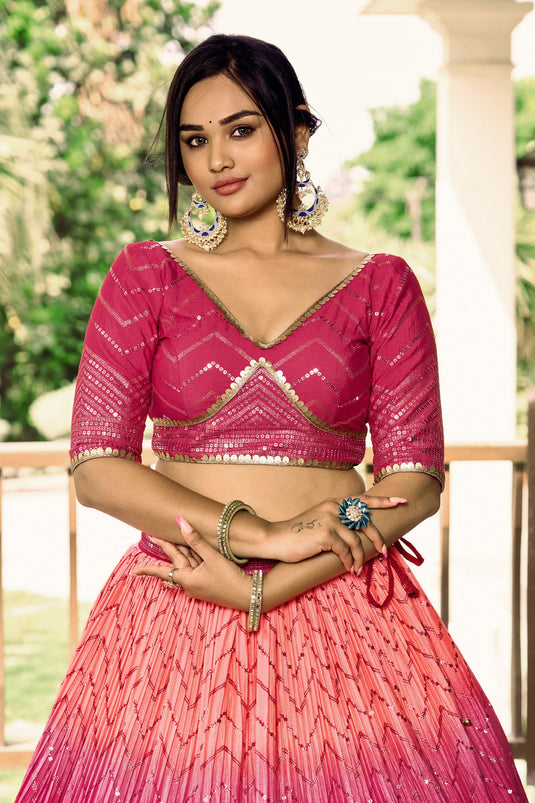 Elegant Pink Chinon Fabric Sangeet Wear Sequins Work Lehenga