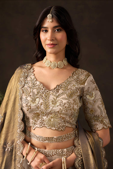 Antique Beige Fancy Fabric Sequin Embroidered Lehenga Choli