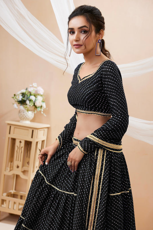 Incredible Leheriya Printed On Georgette Fabric Black Color Lehenga