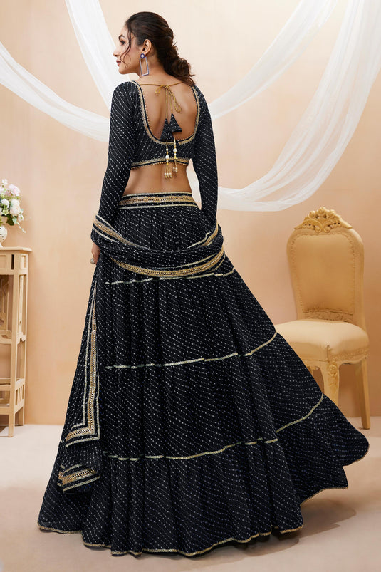 Incredible Leheriya Printed On Georgette Fabric Black Color Lehenga