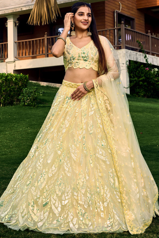 Elegant Yellow Color Net Fabric Function Wear Lehenga