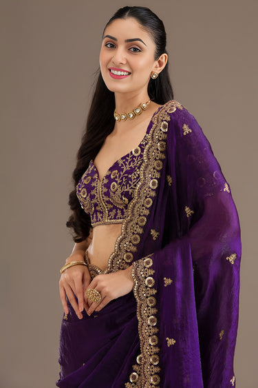Function Wear Purple Saree With Embroidred Blouse Piece