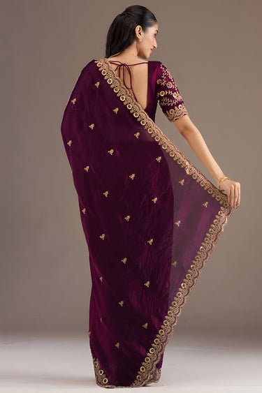 Luxury Wine Designer Embroidred Saree