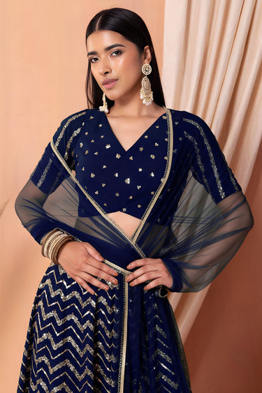 Heavy Sequins Work Georgette Lehenga Choli In Blue Color
