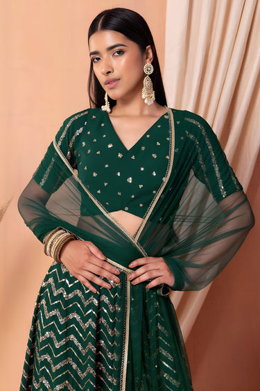 Green Wedding Function Designer Lehenga With Sequins Work Blouse