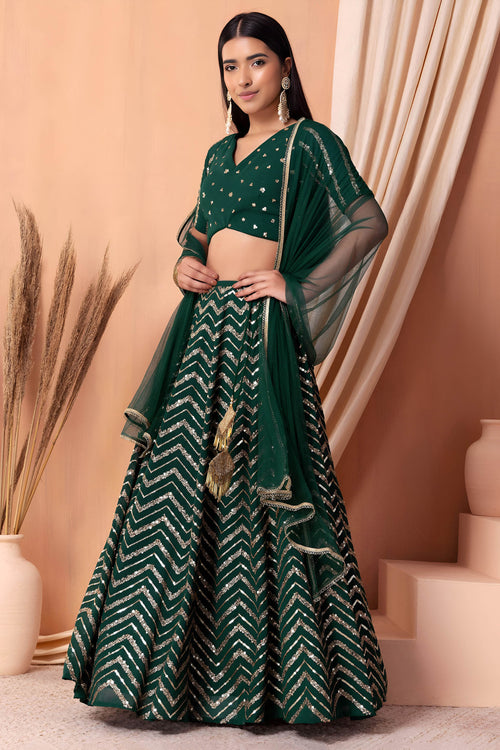 Green Wedding Function Designer Lehenga With Sequins Work Blouse