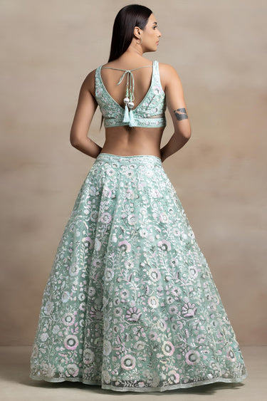 Sequins Work Cyan Net Wedding Wear Lehenga Choli