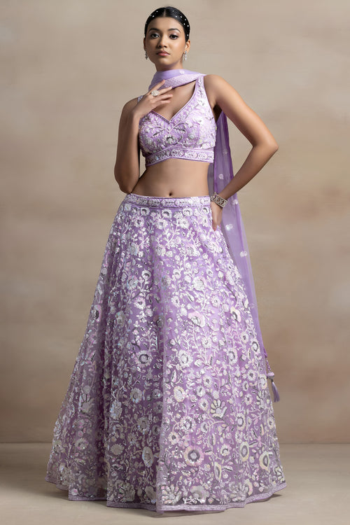 Lavender Net Lehenga Choli With Fancy Sequins Work