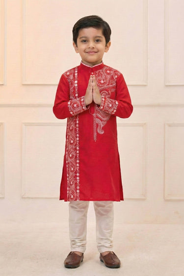 Viscose Embroidered Red Sangeet Wear Readymade Kurta Pyjama For Boys