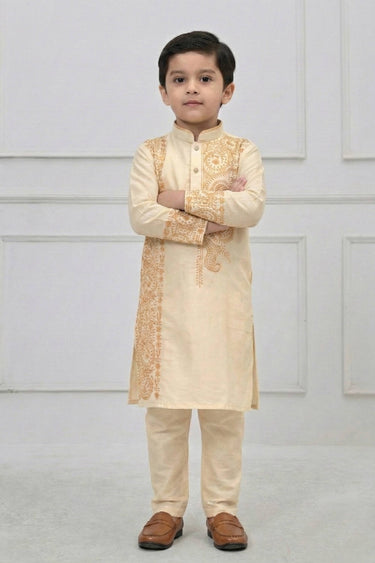 Viscose Embroidered Beige Sangeet Wear Readymade Kurta Pyjama For Boys
