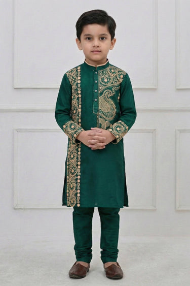 Embroidered Viscose Dark Green Sangeet Wear Readymade Kurta Pyjama For Boys