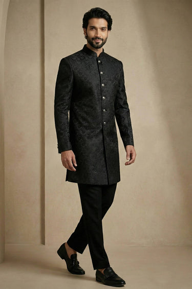 Jacquard Fabric Black Sangeet Wear Readymade Indo Western For Men