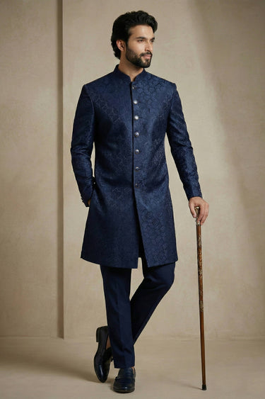 Navy Blue Sangeet Wear Jacquard Fabric Readymade Indo Western For Men