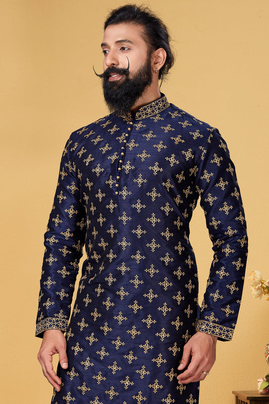 Navy Blue Color Dhupion Fabric Festive Wear Captivating Readymade Kurta Pyjama For Men