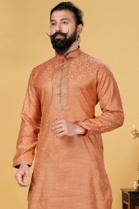 Jacquard Silk Lovely Peach Color Festive Wear Readymade Kurta Pyjama For Men