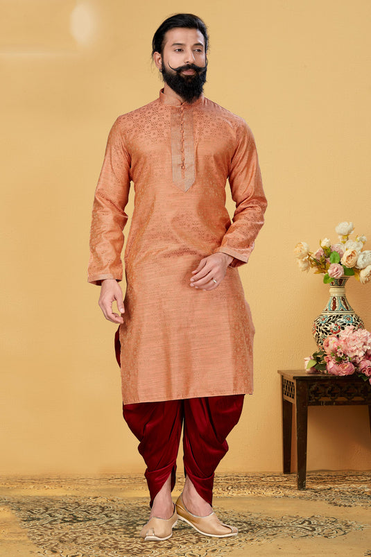 Jacquard Silk Lovely Peach Color Festive Wear Readymade Kurta Pyjama For Men