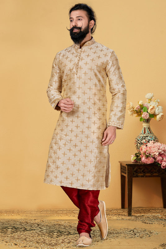 Dhupion Beige Color Sangeet Wear Pretty Readymade Kurta Pyjama For Men