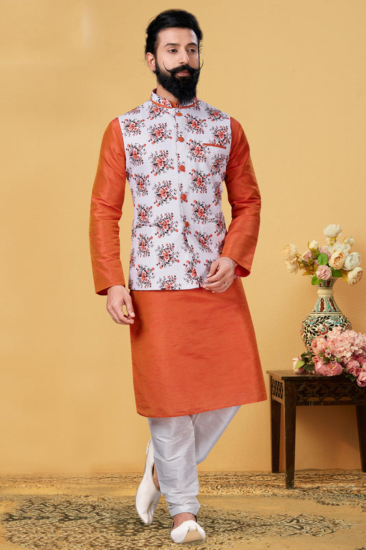 Rust Dhupion Silk Festive Wear Readymade Lovely Kurta Pyjama For Men With Jacket