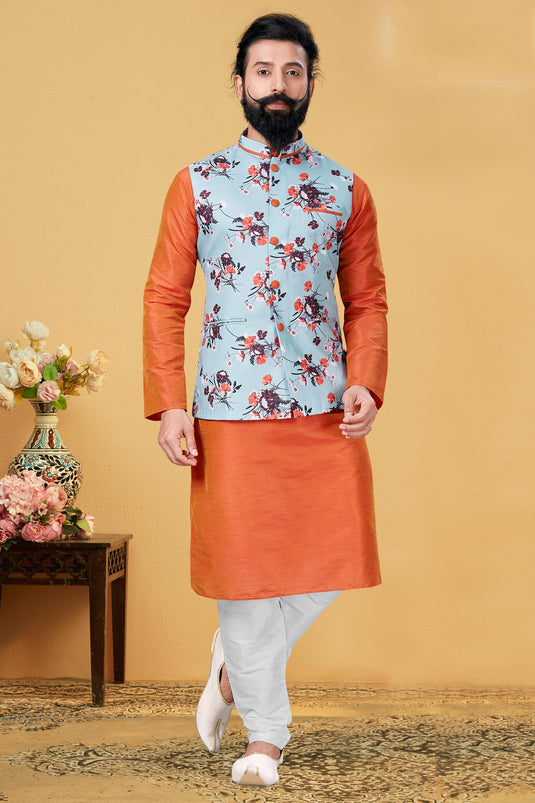 Gorgeous Rust Color Dhupion Silk Fabric Function Wear Readymade Kurta Pyjama For Men With 3 Pcs Jacket Set