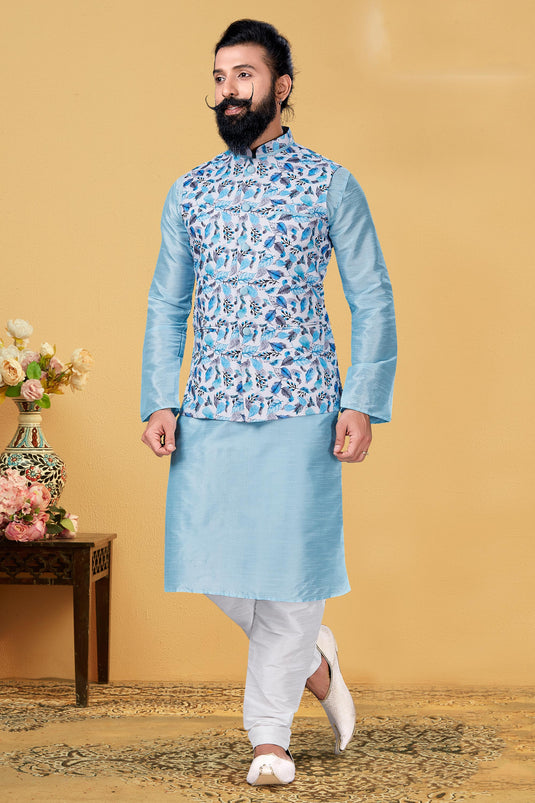 Sky Blue Color Sangeet Wear Readymade Lovely Dhupion Silk Fabric Kurta Pyjama For Men With 3 Pcs Jacket Set