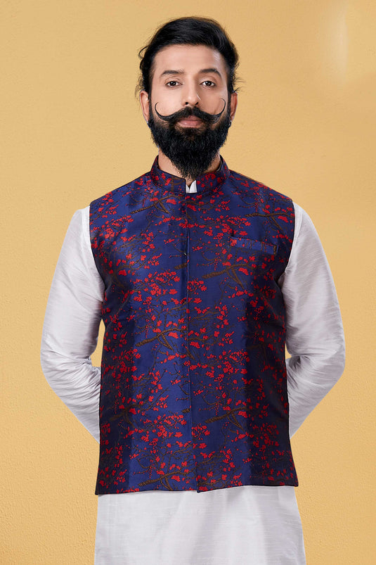 Silk Fabric Blue Color Festive Wear Readymade Men Stylish Nehru Jacket