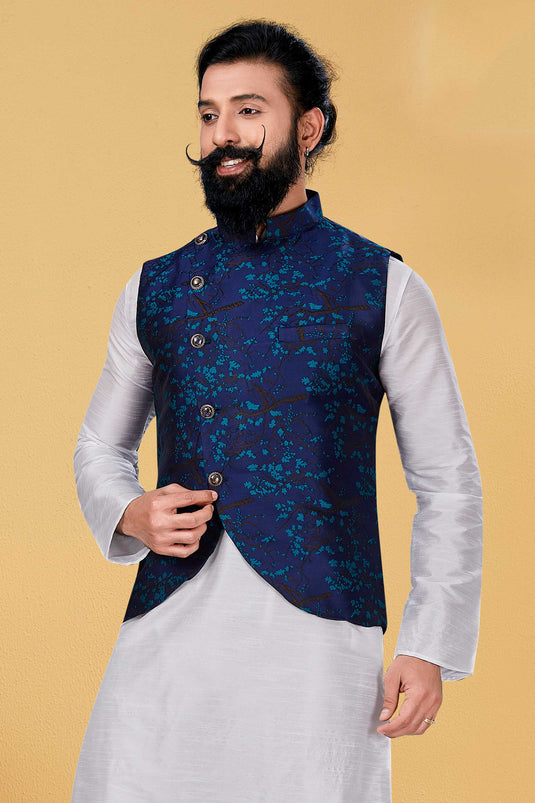 Blue Silk Fabric Sangeet Wear Trendy Readymade Men Jacket