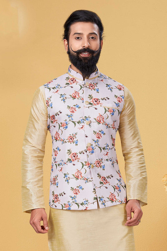 Sangeet Wear Beige Color Readymade Men Jacket In Cotton Fabric