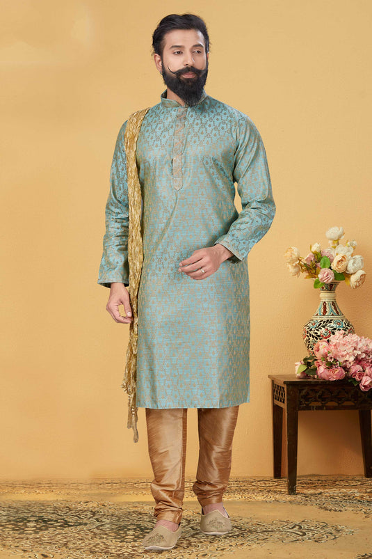 Light Cyan Color Silk Fabric Function Wear Readymade Kurta Pyjama For Men