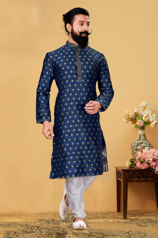 Jacquard Silk Blue Color Wedding Wear Readymade Designer Men Kurta Pyjama