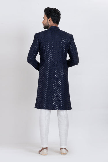 Glamorous Navy Blue Sequins Work Readymade Indo Western For Men In Viscose Fabric