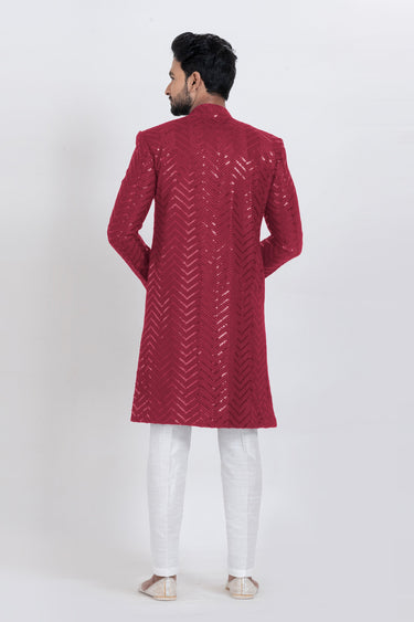 Sequins Work Red Viscose Graceful Readymade Men Indo Western For Festive Wear
