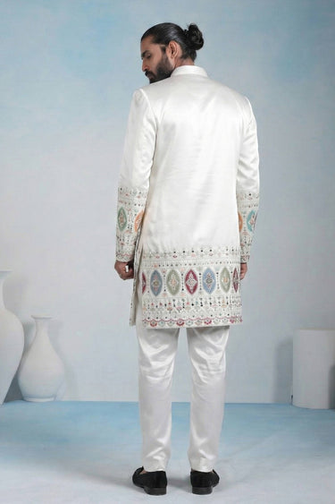 Off White Wedding Wear Fancy Fabric Embroidered Readymade Indo Western For Men