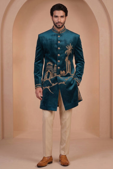 Thread Work Teal Velvet Graceful Readymade Men Indo Western Jodhpuri Suit