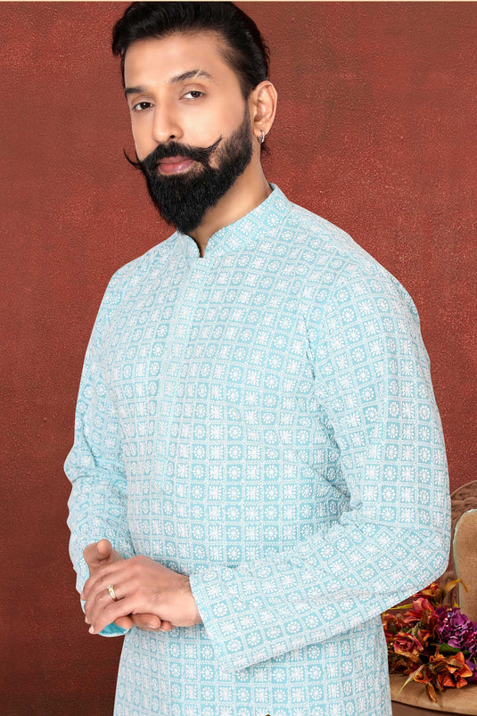 Georgette Fabric Cyan Color Festive Wear Readymade Men Stylish Kurta Pyjama