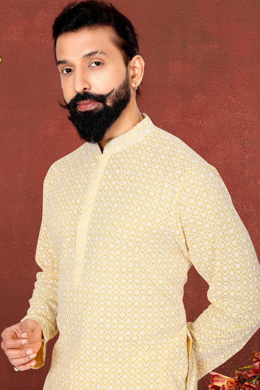 Yellow Georgette Fabric Sangeet Wear Trendy Readymade Kurta Pyjama For Men
