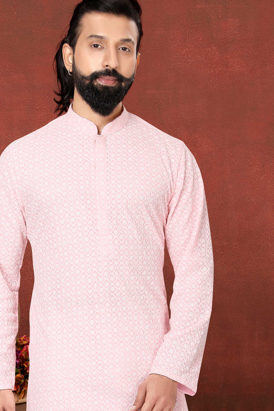 Pink Color Gorgeous Georgette Fabric Reception Wear Readymade Kurta Pyjama For Men