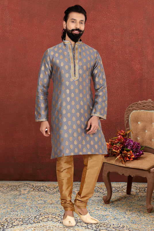 Grey Color Stunning Jacquard Silk Fabric Function Wear Kurta Pyjama For Men