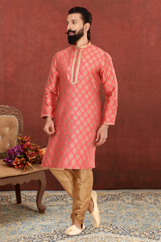 Jacquard Silk Fabric Lovely Pink Color Festive Wear Kurta Pyjama For Men