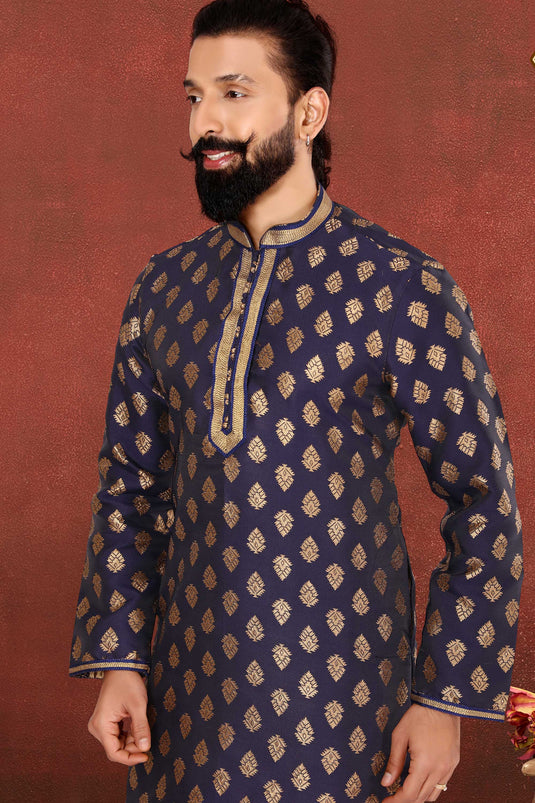 Navy Blue Color Sangeet Wear Pretty Kurta Pyjama For Men In Jacquard Silk Fabric