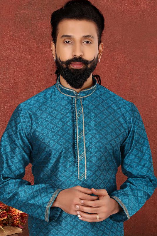 Pretty Fancy Fabric Readymade Men Kurta Pyjama In Teal Color