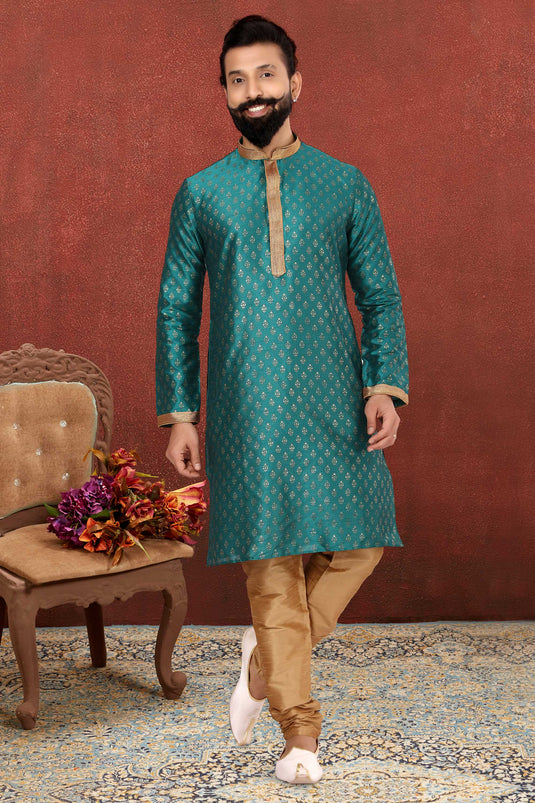 Teal Color Readymade Kurta Pyjama For Men In Dhupion Silk Fabric