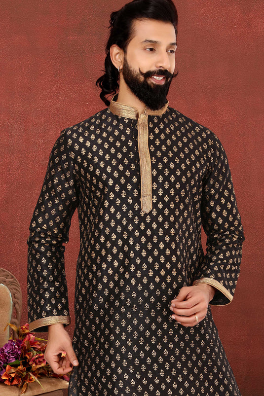 Dhupion Silk Fabric Readymade Kurta Pyjama For Men In Black Color