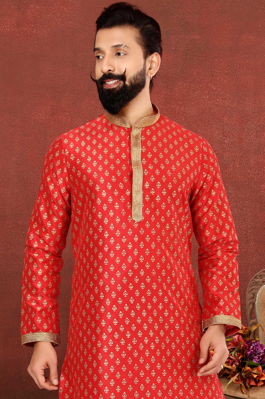 Red Color Dhupion Silk Fabric Readymade Kurta Pyjama For Men