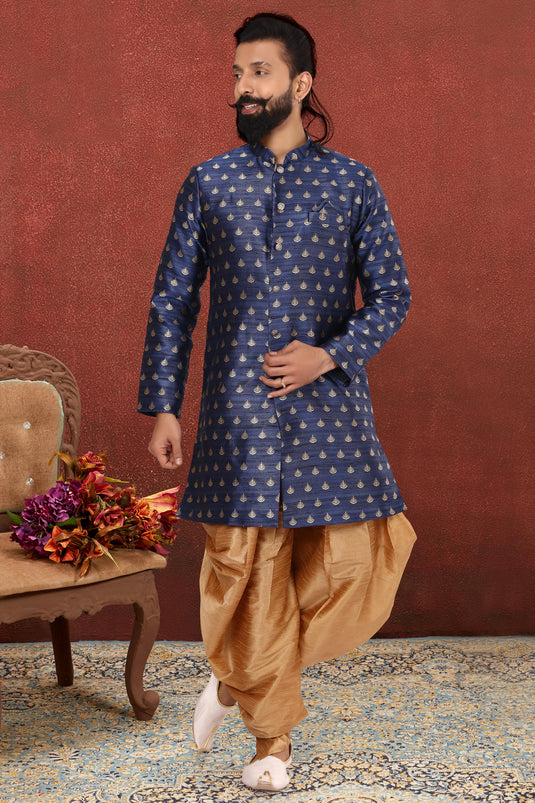 Navy Blue Jacquard Silk Fabric Wedding Wear Trendy Readymade Indo Western For Men