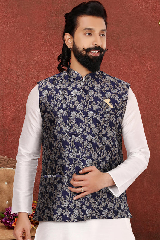 White Gorgeous Dhupion Silk Fabric Reception Wear Readymade Kurta Pyjama For Men With Jacket