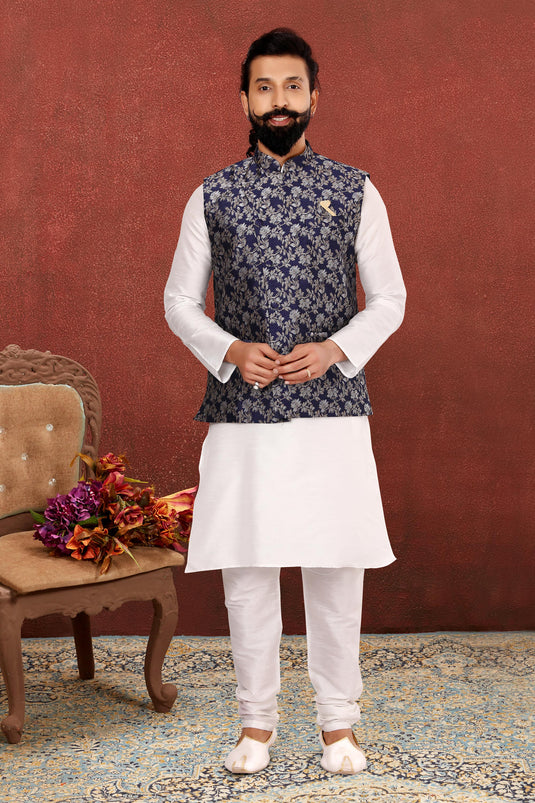 White Gorgeous Dhupion Silk Fabric Reception Wear Readymade Kurta Pyjama For Men With Jacket