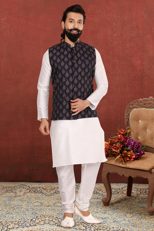 Dhupion Silk White Festive Wear Readymade Lovely Kurta Pyjama For Men With Jacket