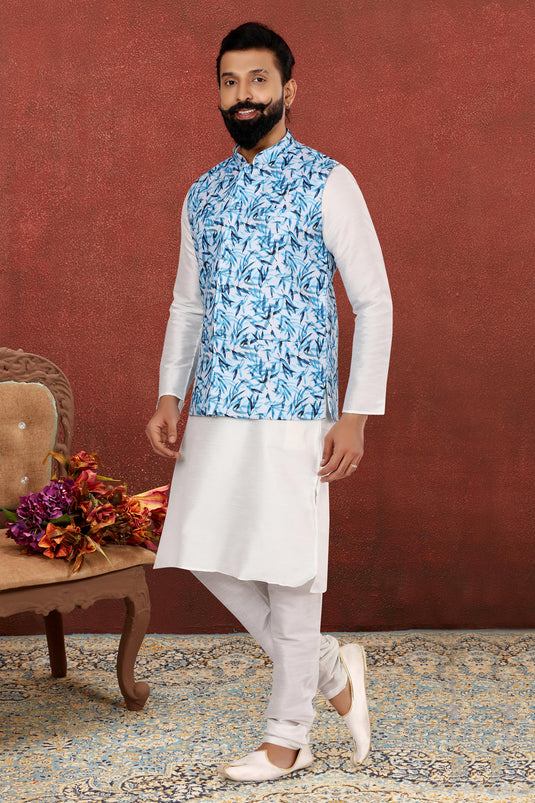 Dhupion Silk White Reception Wear Attractive Readymade Men Kurta Pyjama With Jacket